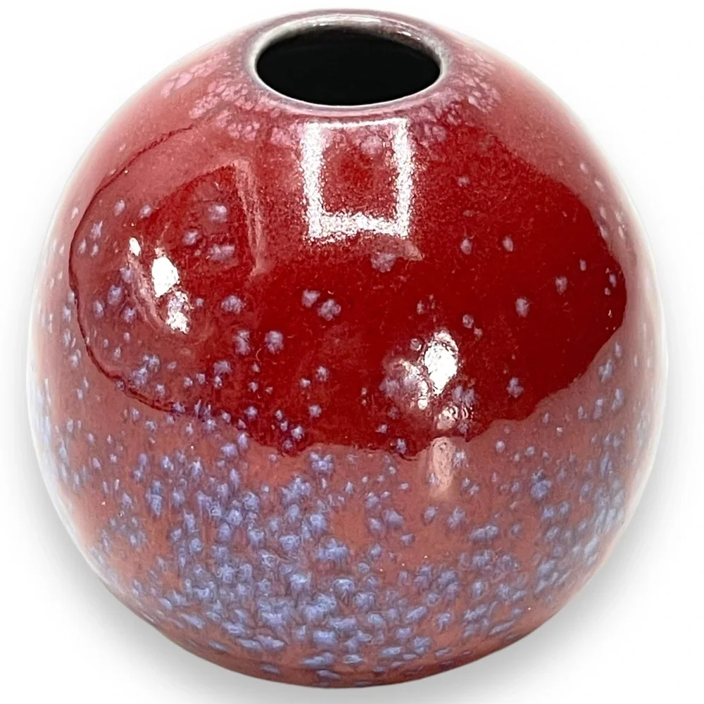 Japanese Vintage Small Round Red with Periwinkle Speckles Bud Vase 3